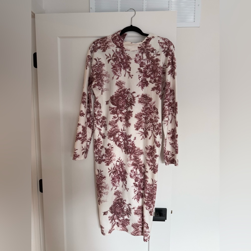 Zara Burgundy and White Floral Long Sleeve Dress